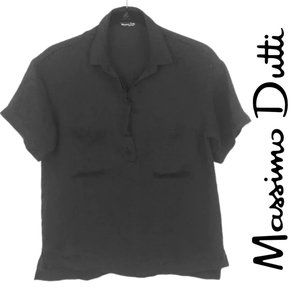 Massimo Dutti top black pebble silk blouse 1/3 button up short sleeve shirt 10